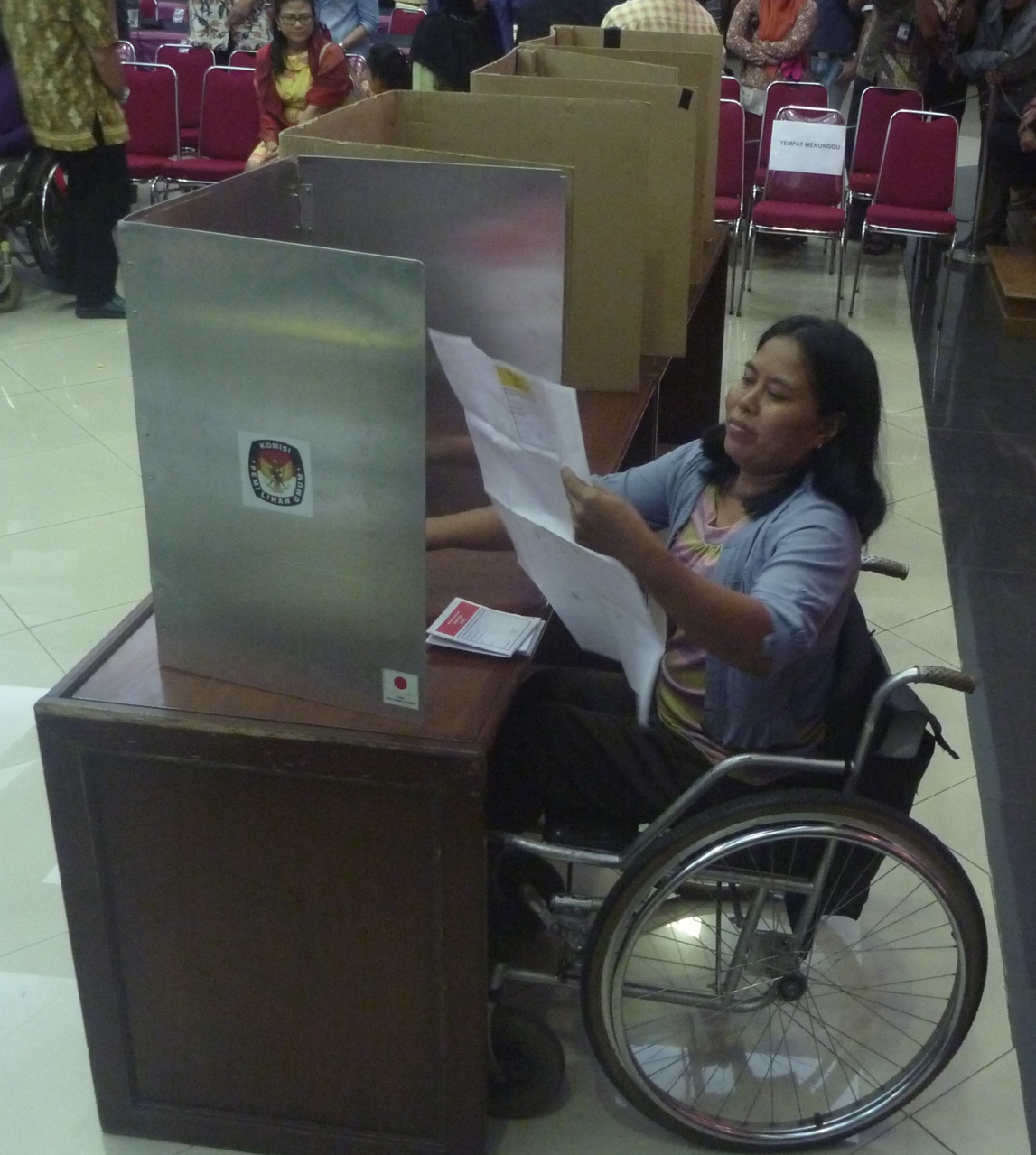 An accessible election simulation jointly organised by the Center of Accessible Elections and the election commission held in Jakarta in April 2014, James Baker baker