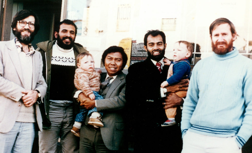 Multi-tasking in July/August 1983. Pat Walsh (left) and John Waddingham (right) with leading East Timorese diaspora and Pat's twin daughters -Annie Keogh Inside Indonesia: Conception and birth